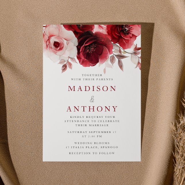 Ruby Red Wine Luxe Radiant Floral Wedding Invitation (Creator Uploaded)