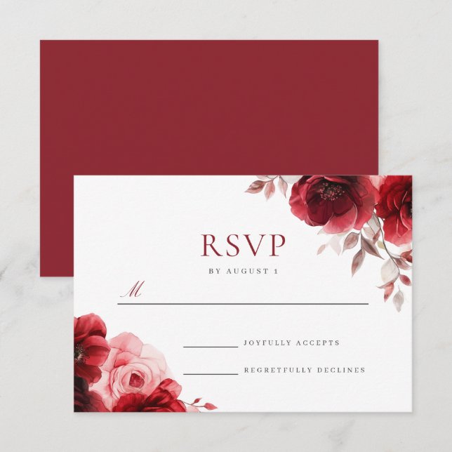 Ruby Red Wine Luxe Radiant Floral Wedding RSVP Card (Front/Back)