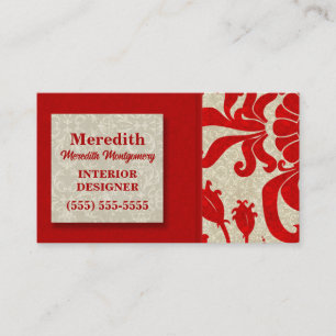 Ruby Red with Taupe Damask Print Business Card