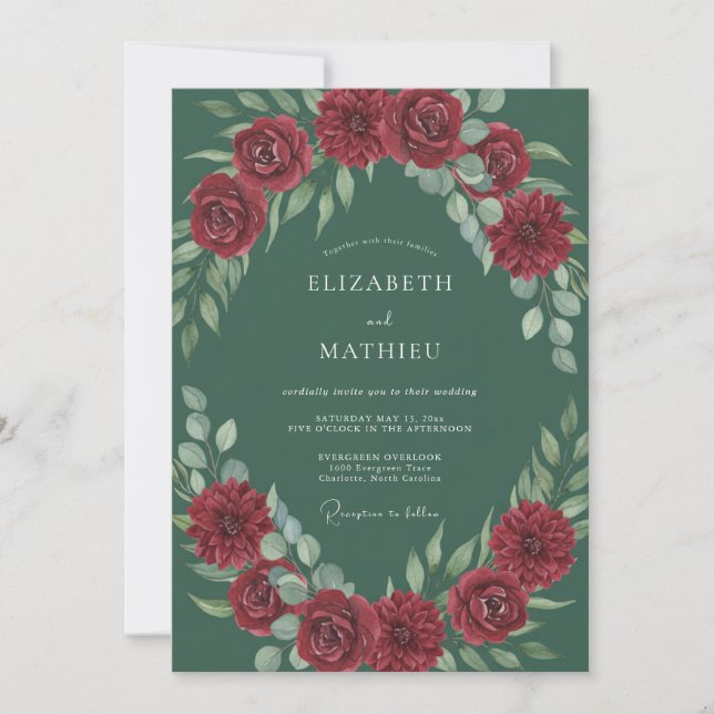 Ruby Teal Foliage Eucalyptus Wedding Invitation (Front)