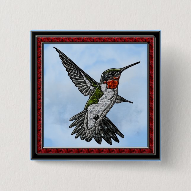 Ruby Throated Hummingbird 2 Inch Square Button (Front)