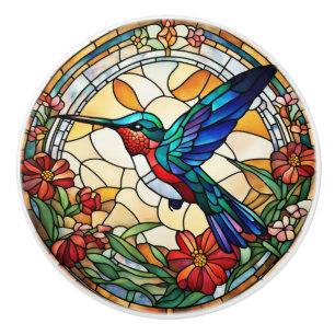 Ruby Throated Hummingbird Faux Stained Glass Ceramic Knob
