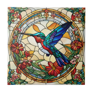 Ruby Throated Hummingbird Faux Stained Glass Tile