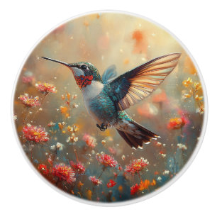 Ruby-Throated Hummingbird Floral Ceramic Knob