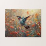 Ruby-Throated Hummingbird Floral Jigsaw Puzzle<br><div class="desc">A vibrant watercolor decoupage design featuring a ruby-throated hummingbird hovering among delicate flowers,  capturing the grace and energy of nature in bloom.</div>