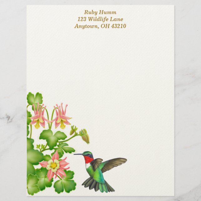 Ruby Throated Hummingbird in Columbines Letterhead (Front)