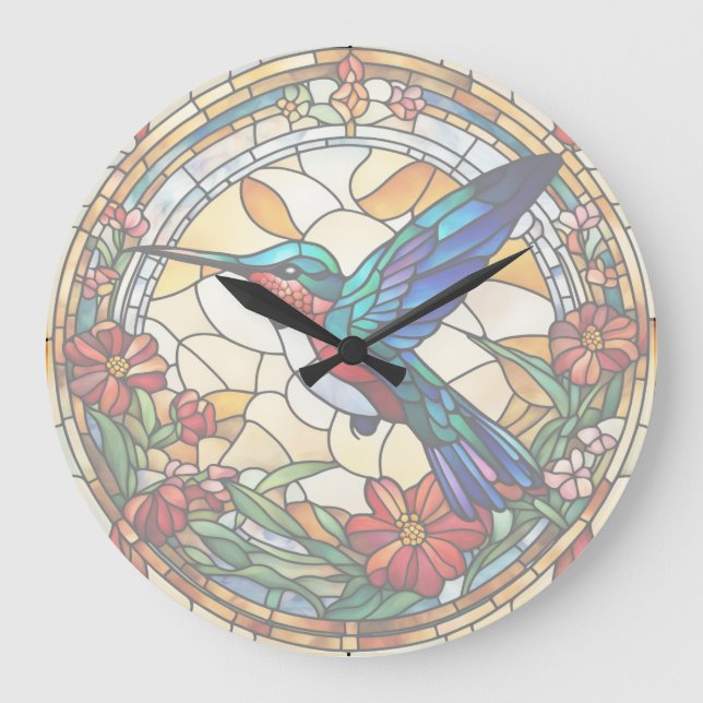 Ruby Throated Hummingbird Stained Glass Bird Clock (Front)