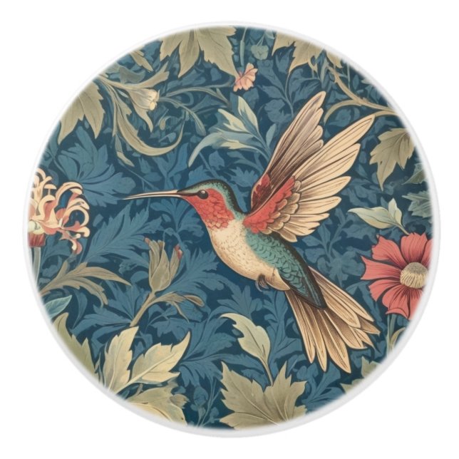 Ruby-throated hummingbird William Morris style Ceramic Knob (Front)