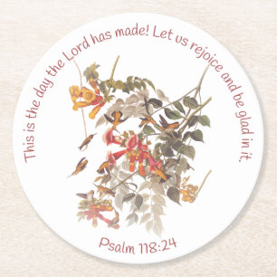 Ruby Throated Hummingbird with Psalm 118:24 Round Paper Coaster