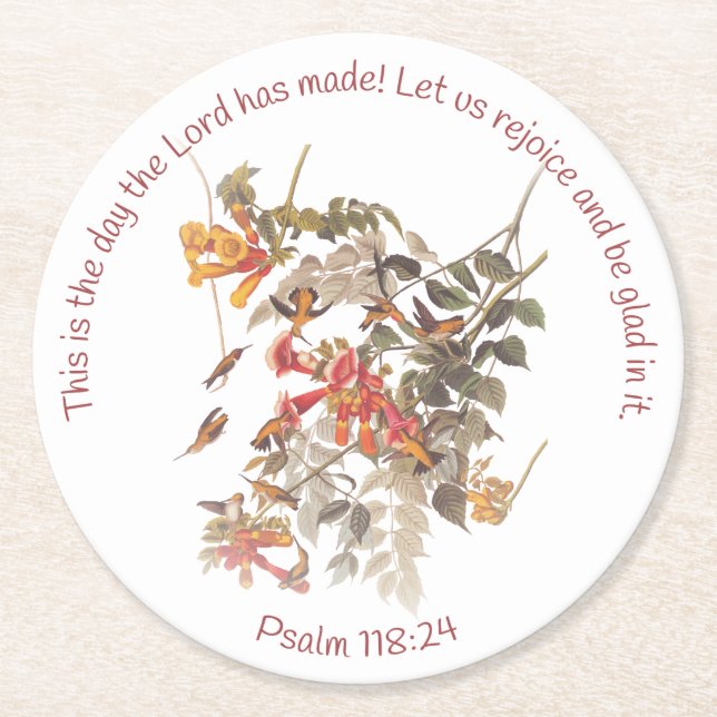Ruby Throated Hummingbird with Psalm 118:24 Round Paper Coaster (Front)