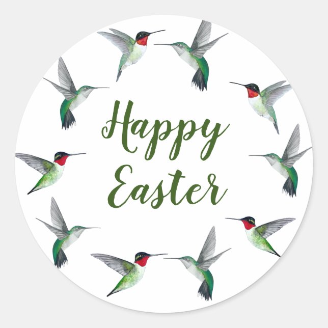 Ruby-throated Hummingbirds Happy Easter Classic Round Sticker (Front)