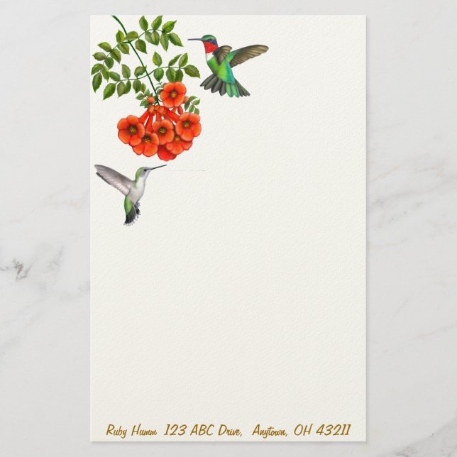 Ruby Throated Hummingbirds in Red Trumpet Vines St Stationery (Front)