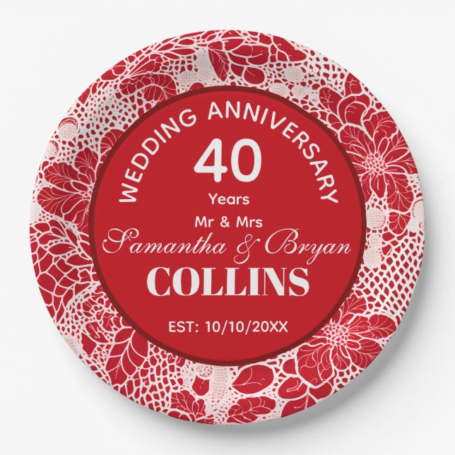 Ruby Wedding Anniversary 40 years Personalized Paper Plate (Front)
