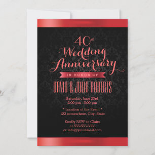 Ruby Wedding Anniversary Elegant Black Damask Invitation