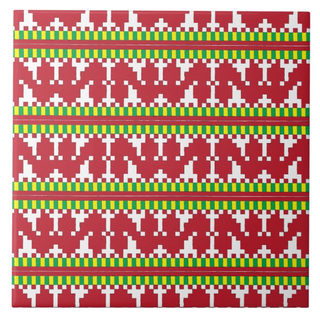 Rucava Red and white folk art geometric pattern I Tile (Front)