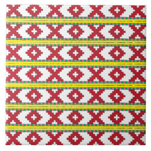 Rucava Red, yellow folk art geometric pattern III Tile