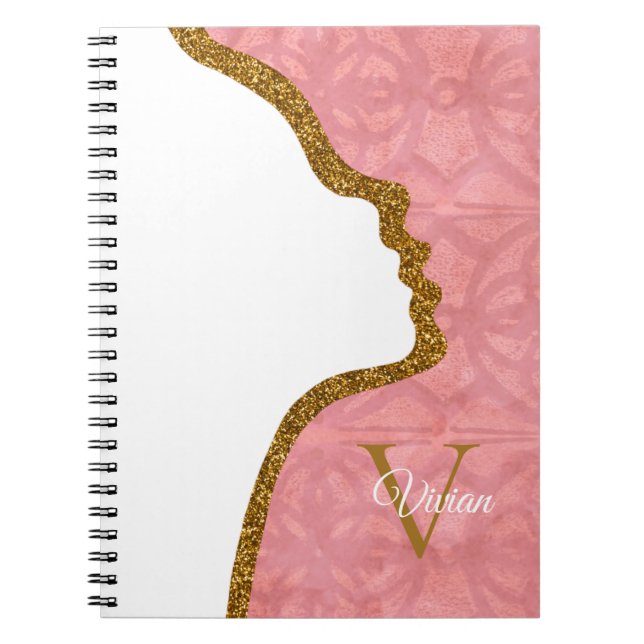 Ruddy Pink And Gold Glitter Face Monogram Name Notebook (Front)
