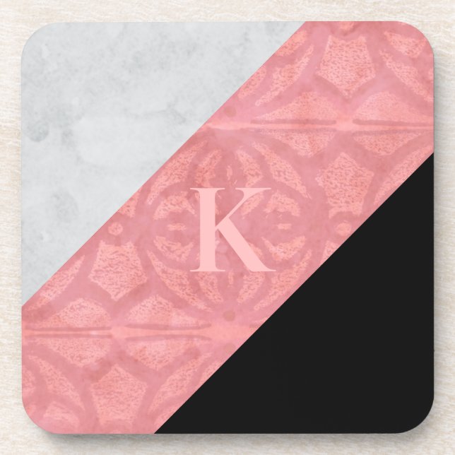 Ruddy Pink Batik And Grey Watercolor Letter Coaster (Front)