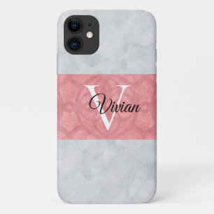 Ruddy Pink Batik And Grey Watercolor Monogrammed iPhone 11 Case