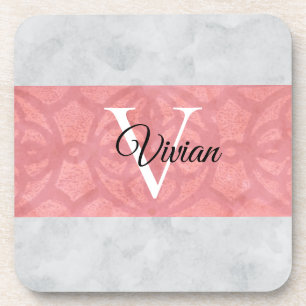 Ruddy Pink Batik And Grey Watercolor Monogrammed Coaster