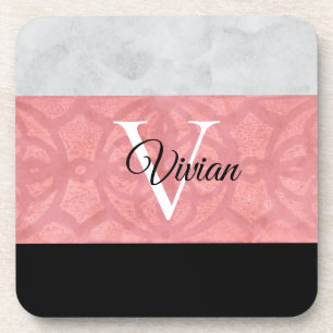 Ruddy Pink Batik And Grey Watercolor Monogrammed Coaster