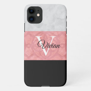 Ruddy Pink Batik And Grey Watercolor Monogrammed iPhone 11 Case