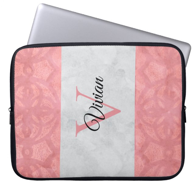Ruddy Pink Batik And Grey Watercolor Monogrammed Laptop Sleeve (Front)