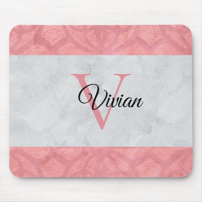 Ruddy Pink Batik And Grey Watercolor Monogrammed Mouse Pad (Front)