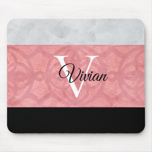 Ruddy Pink Batik And Grey Watercolor Monogrammed Mouse Pad (Front)