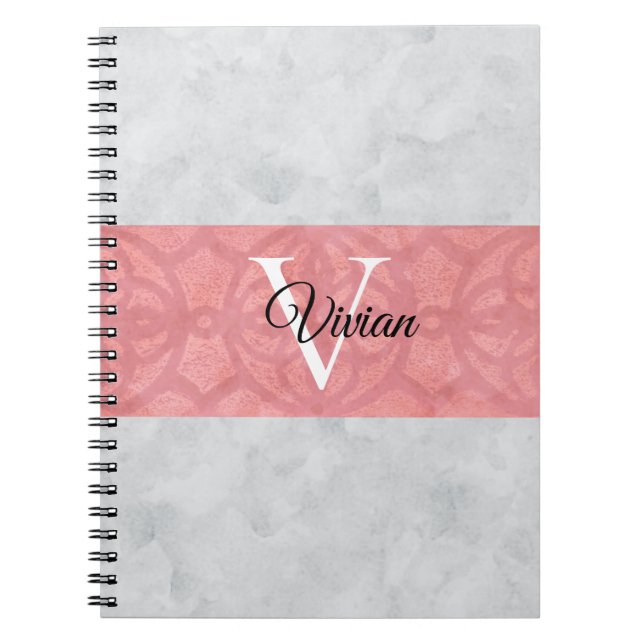 Ruddy Pink Batik And Grey Watercolor Monogrammed Notebook (Front)