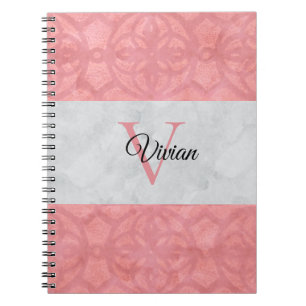 Ruddy Pink Batik And Grey Watercolor Monogrammed Notebook