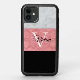 Ruddy Pink Batik And Grey Watercolor Monogrammed OtterBox Symmetry iPhone 11 Case