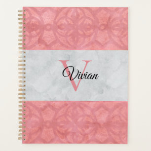 Ruddy Pink Batik And Grey Watercolor Monogrammed Planner