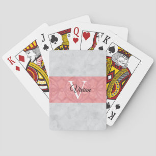 Ruddy Pink Batik And Grey Watercolor Monogrammed Playing Cards