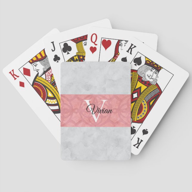 Ruddy Pink Batik And Grey Watercolor Monogrammed Playing Cards (Back)