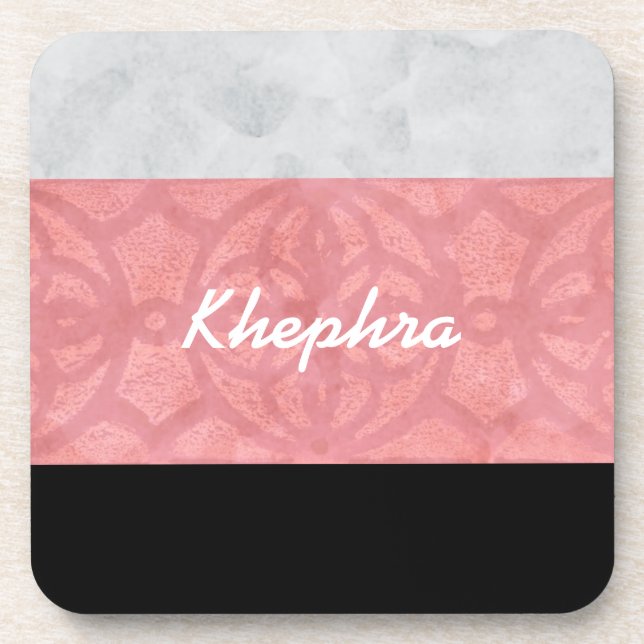 Ruddy Pink Batik Grey Watercolor And Name Coaster (Front)