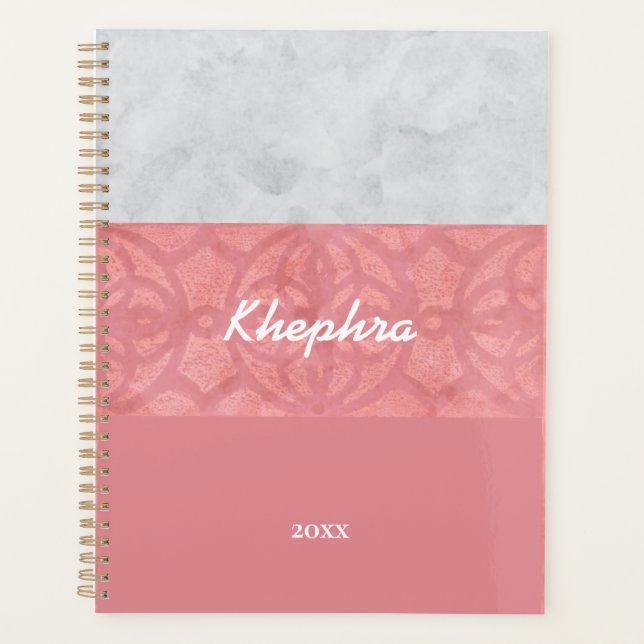 Ruddy Pink Batik Grey Watercolor Name Planner (Front)
