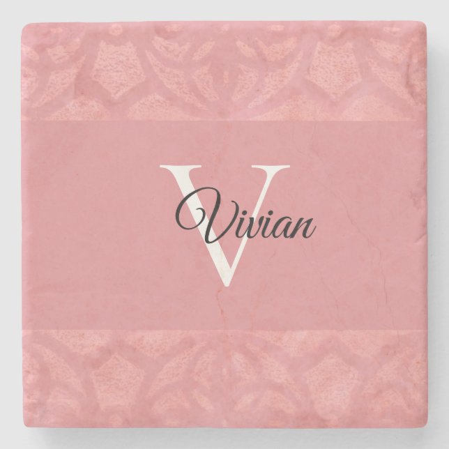Ruddy Pink Batik Name Monogrammed Stone Coaster (Front)