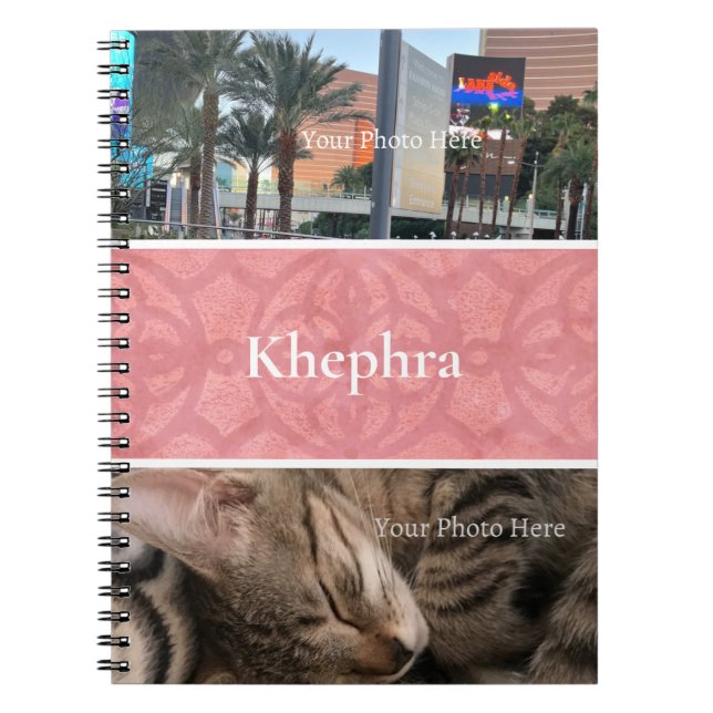 Ruddy Pink Batik Photo Collage, Border, Name Notebook (Front)