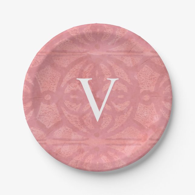Ruddy Pink Monogrammed Watercolor Paper Plate (Front)