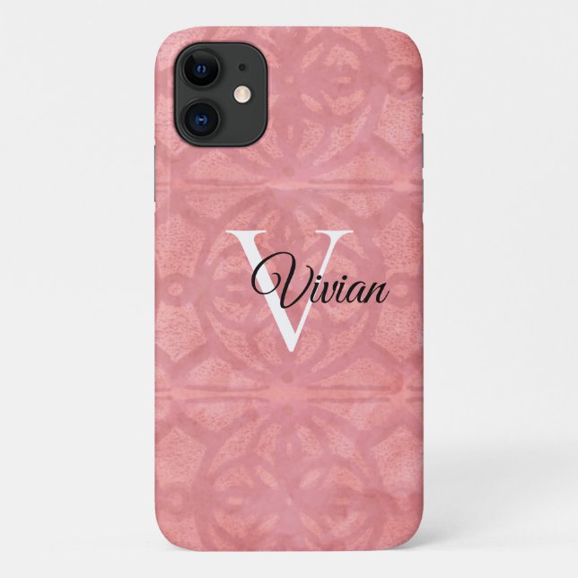 Ruddy Pink Watercolor Monogram Name Case-Mate iPhone Case (Back)