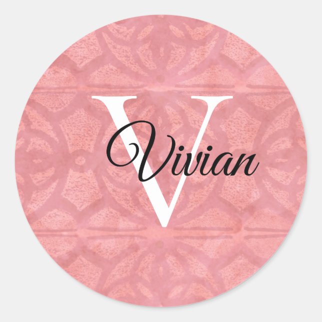 Ruddy Pink With Black Monogram And White Name Classic Round Sticker (Front)
