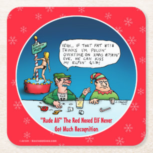 Rude Alf Funny Christmas Elf Square Paper Coaster
