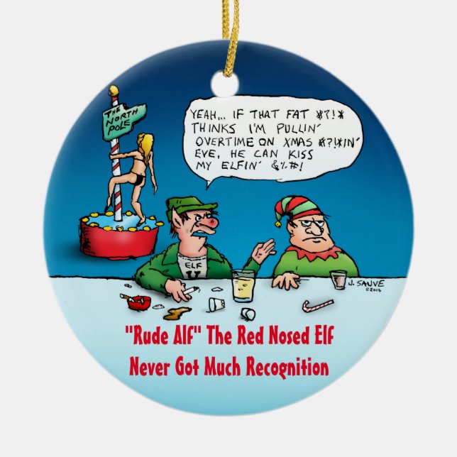 Rude Alf Funny Elf Cartoon Ceramic Ornament (Front)