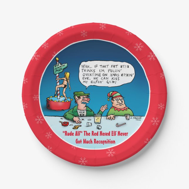 Rude Alf The Red Nosed Elf Cartoon Paper Plate (Front)