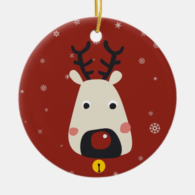 Rudolf the red-nosed reindeer red with snowflakes ceramic ornament (Front)