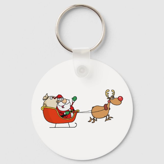 Rudolph Flying Kris Kringle In His Sleigh Keychain (Front)