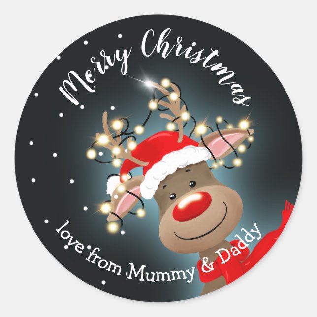 Rudolph reindeer merry christmas gift present  cla classic round sticker (Front)