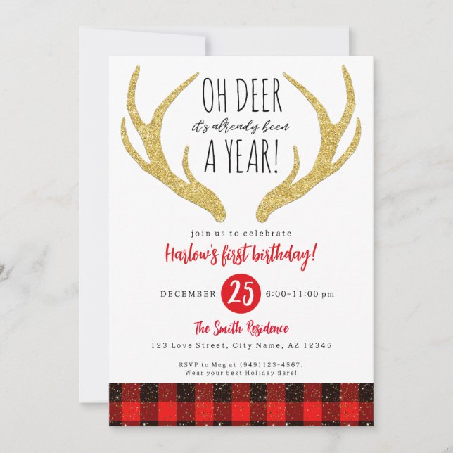 Rudolph Reindeer Oh Deer Christmas 1st Birthday Invitation (Front)