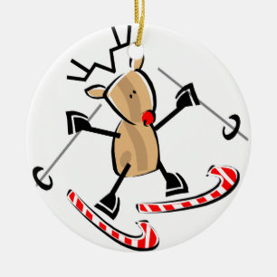 rudolph skiing on camdy canes ceramic ornament